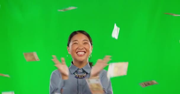 Lluvia Dinero Ganador Mujer Pantalla Verde Celebración Éxito Bonos Lotería — Vídeo de stock