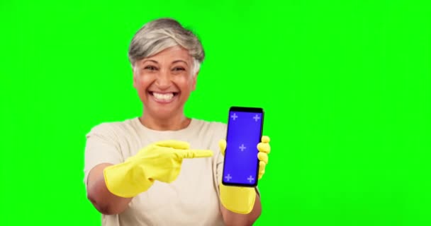 Mockup Green Screen Und Frau Mit Handschuhen Für Reinigung Hausarbeit — Stockvideo