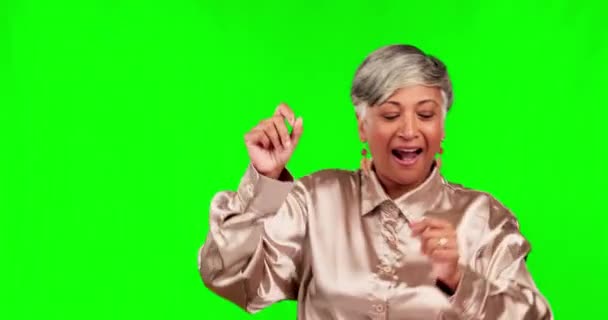 Mulher Negócios Dança Aplausos Tela Verde Com Sorriso Feliz Celebração — Vídeo de Stock