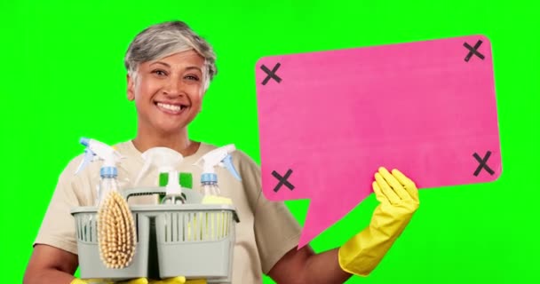 Starsza Kobieta Bańka Mowy Środek Czyszczący Zielonym Ekranie Usługi Sprzątania — Wideo stockowe
