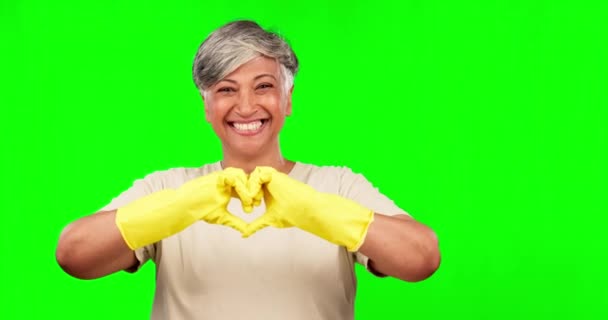 Handen Het Hart Groen Scherm Vrouw Voor Schoonmaak Huishoudelijk Werk — Stockvideo