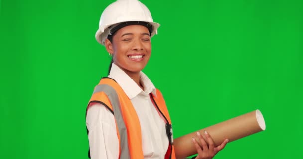 Zelená Obrazovka Žena Inženýr Plánem Maketa Šťastný Stavební Pracovník Pozadí — Stock video