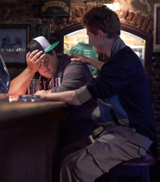 Drunk Man Pub Support Friends Help Person Alcohol Problem Drinking — Stock Photo, Image