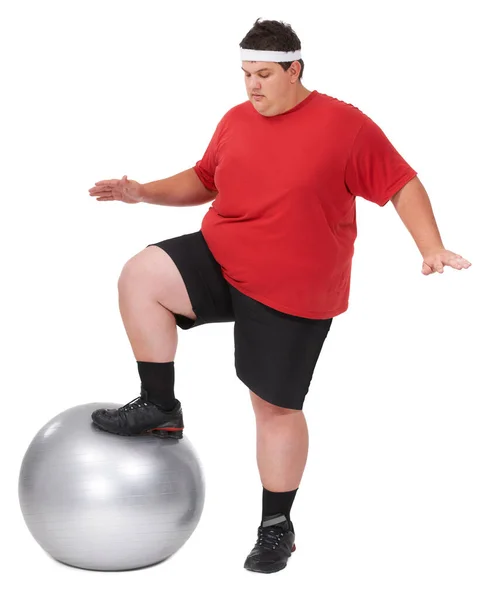 Άσκηση Μπάλα Ισορροπία Και Συν Μέγεθος Άνθρωπος Αποφασισμένος Χάσει Βάρος — Φωτογραφία Αρχείου