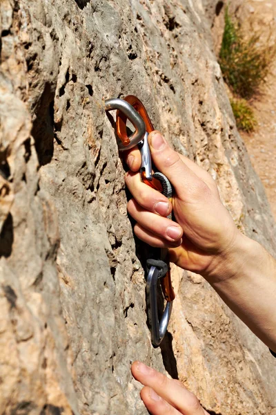 Hand Closeup Rock Climbing Safety Bolt Adventure Hiking Outdoor Gear — Stock Photo, Image