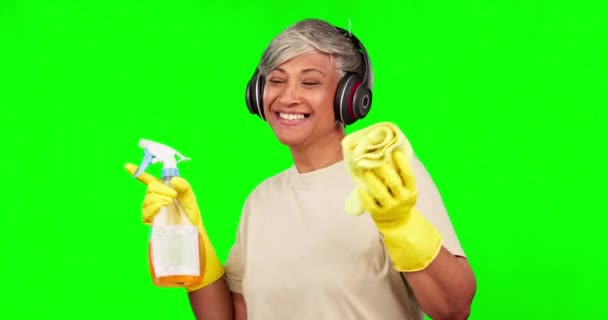Música Pantalla Verde Mujer Con Spray Para Limpieza Limpieza Doméstica — Vídeos de Stock