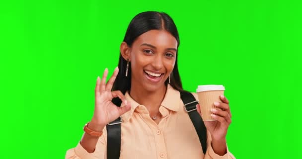 Pantalla Verde Niña Retrato Estudiante Feliz Con Signo Aprobación Sonrisa — Vídeos de Stock