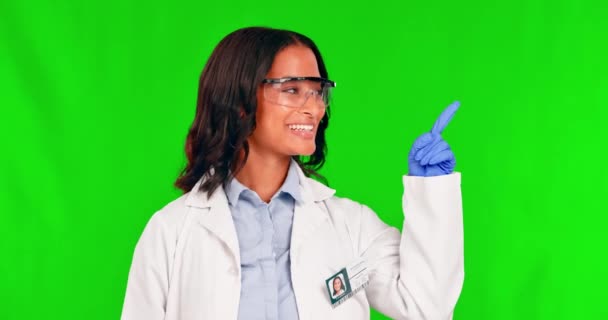 Πράσινη Οθόνη Πρόσωπο Και Γυναίκα Γιατρός Χέρι Δείχνει Στο Στούντιο — Αρχείο Βίντεο
