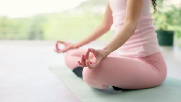 Meditazione Del Loto Yoga Mani Donna Casa Consapevolezza Esercizio Fisico — Video Stock