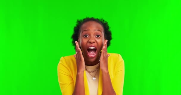 Sorpresa Feliz Negocio Con Mujer Negra Pantalla Verde Para Buenas — Vídeos de Stock