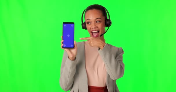 Telefon Call Centrum Žena Zelené Obrazovce Znamení Nebo Nás Kontaktujte — Stock video