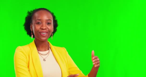 Grön Skärm Applåder Och Ansikte Svart Kvinna Med Försäljning Presentation — Stockvideo