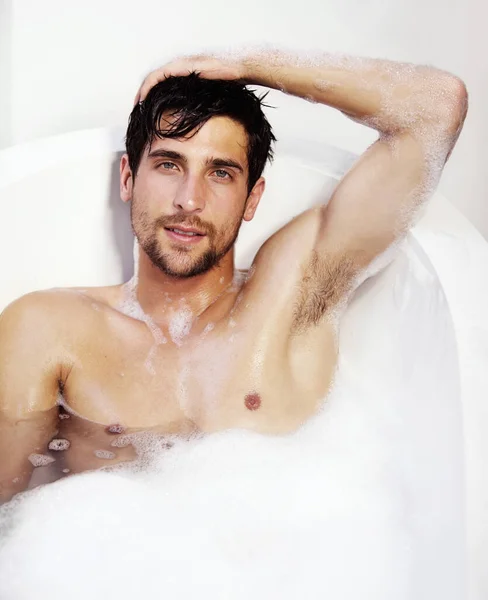 Retrato Higiene Hombre Sexy Baño Casa Para Limpieza Jabón Aseo —  Fotos de Stock