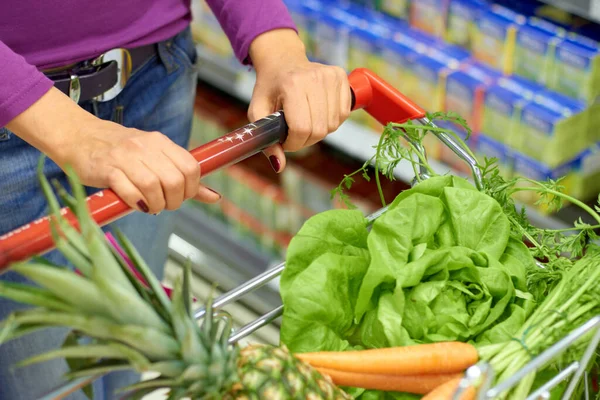 Frau Einkaufswagen Und Kunde Mit Lebensmitteln Gemüse Oder Obst Und — Stockfoto