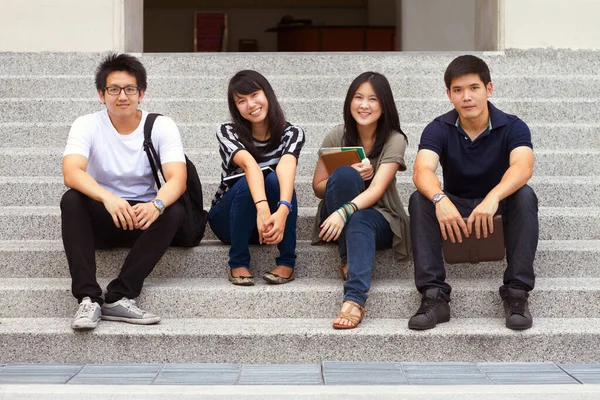 Asian Friends Portrait University Stairs Smile Learning Gen Fashion Campus — Stock Photo, Image