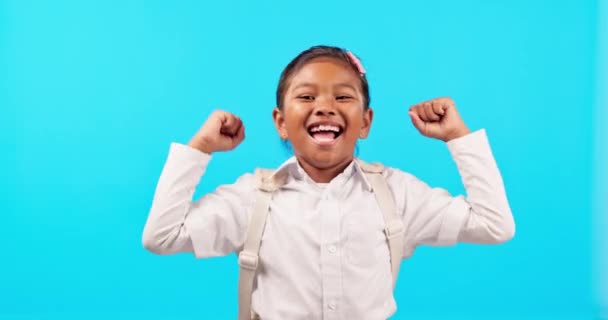 Face Celebration Happy Girl Child Studio Cheering Back School Announcement — Stock Video
