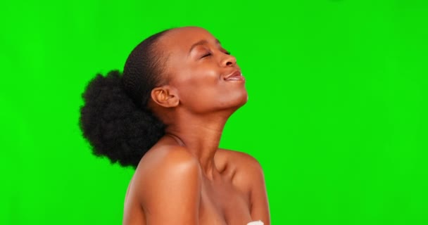 Zielony Ekran Twarzy Piękno Szczęśliwy Czarny Kobieta Uczucie Miękkiej Skóry — Wideo stockowe