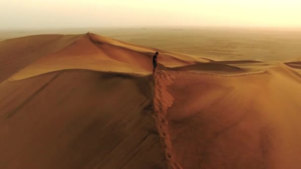 Voyage Drone Pensée Avec Homme Dans Désert Pour Randonnée Aventure — Video