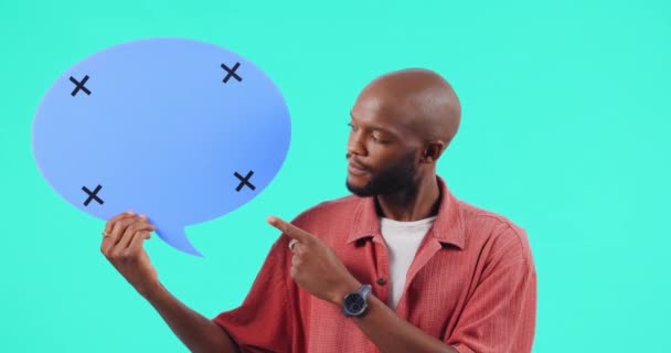 Bolha Fala Confuso Homem Apontando Para Comunicação Questão Mídia Social — Vídeo de Stock