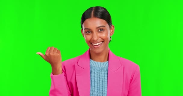 Πρόσωπο Πράσινη Οθόνη Και Ινδή Γυναίκα Προαγωγή Δείχνοντας Και Παρουσιάζοντας — Αρχείο Βίντεο