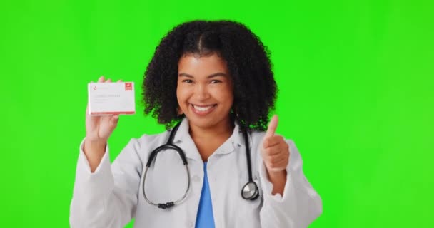 Thumbs Green Screen Happy Woman Doctor Business Card Advertising Healthcare — Stock Video