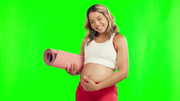 Happy Pregnant Woman Yoga Fitness Green Screen Healthy Wellness Studio — Stock Video
