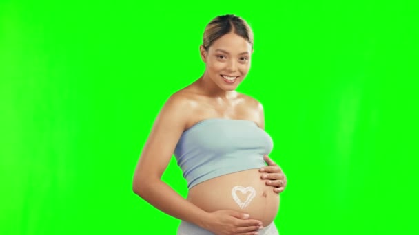 Graviditet Grön Skärm Och Gravid Kvinna Med Hjärta Vård Och — Stockvideo