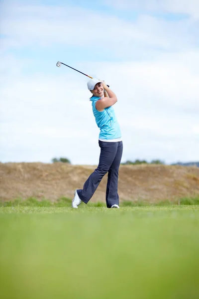 Portrait Happy Woman Swing Playing Golf Fitness Workout Exercise Course — Stock Photo, Image