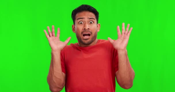 Sorprendido Asustado Rostro Hombre Pantalla Verde Por Miedo Horror Anuncio — Vídeo de stock