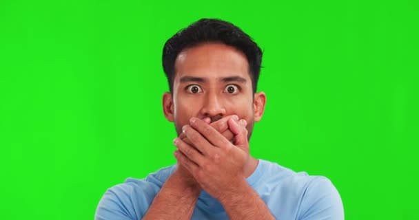 Wow Grüne Leinwand Oder Porträt Eines Schockierten Mannes Mit Klatsch — Stockvideo