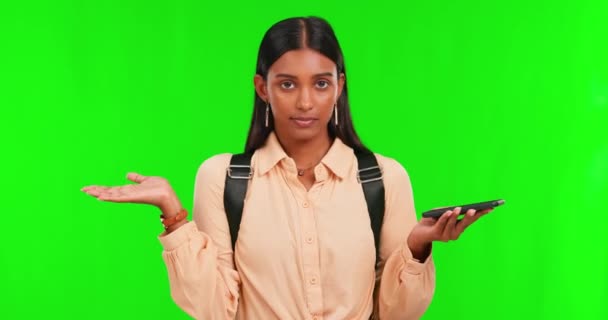 Green Screen Portrait Girl Student Phone Communication Choice Online Decision — Stock Video