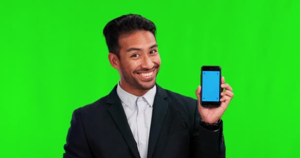 Telefone Homem Negócios Apontando Tela Verde Mockup Marcadores Rastreamento Para — Vídeo de Stock