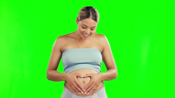 Ciąża Zielony Ekran Kobieta Ciąży Miłości Serca Opieki Nad Dzieckiem — Wideo stockowe