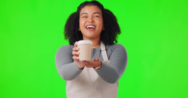 Kaffee Green Screen Und Frau Kellnerin Oder Kleinunternehmer Kundenservice Lächeln — Stockvideo