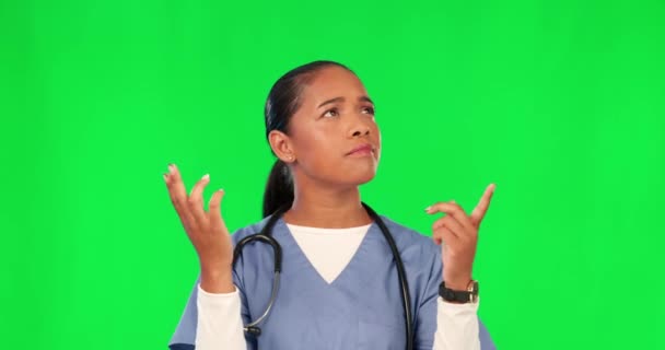 Zdravotní Péče Myšlení Žena Zdravotní Sestra Zelené Obrazovce Pochybnostmi Nápad — Stock video