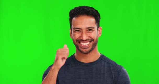 Великі Пальці Вгору Обличчя Щасливий Чоловік Зеленому Екрані Студії Рукою — стокове відео