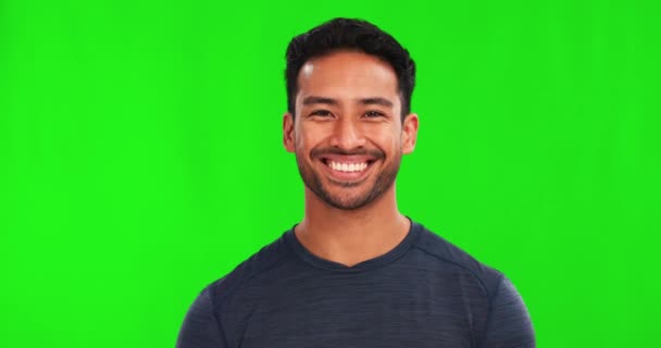 Γέλιο Πρόσωπο Και Χαρούμενος Άνθρωπος Στο Στούντιο Πράσινης Οθόνης Αστείο — Αρχείο Βίντεο