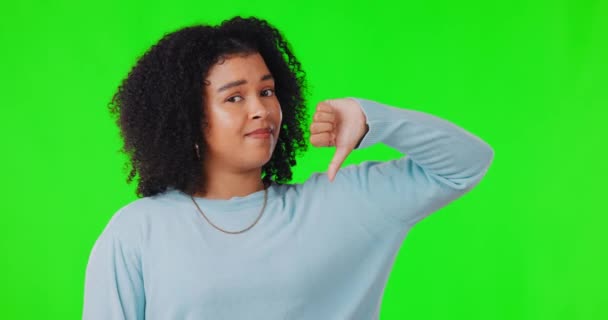 Обличчя Зелений Екран Жінка Великими Пальцями Вниз Думки Поганого Огляду — стокове відео