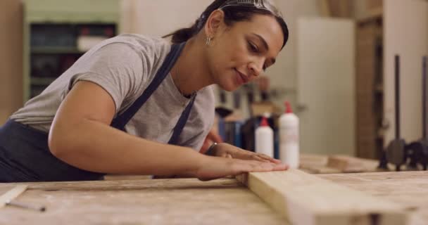 製造プロセス 創造性と品質のためのワークショップで女性 仕事や工場で家具プロジェクト 芸術とデザインや生産のための板で作業する女性大工 — ストック動画