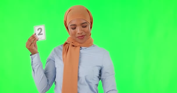 Educación Profesor Una Mujer Árabe Pantalla Verde Con Tarjetas Estudio — Vídeos de Stock