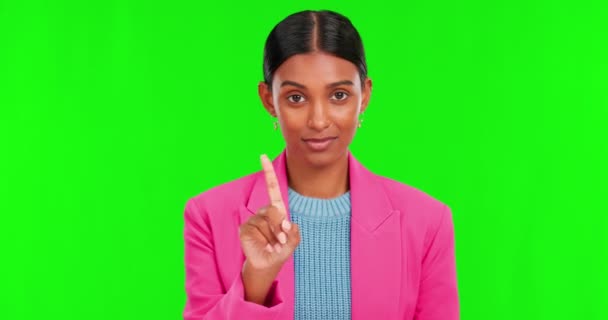 Grön Skärm Ansikte Och Inget Finger Indisk Kvinna Med Hand — Stockvideo
