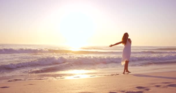 Прогулки Пляж Женщина Свободой Закат Путешествия Счастьем Лето Отпуск Женщина — стоковое видео