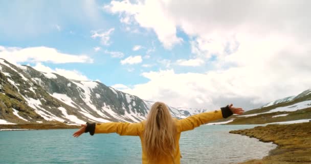 一个女人的后视镜 在一个蓝天的湖中寻找自由 在大自然中的假期或假日休息 旅行或幸福 以及快乐的女性 在高山上寻求和平 — 图库视频影像