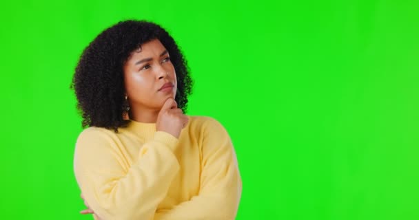 Pensando Cara Mujer Pantalla Verde Del Estudio Con Pregunta Idea — Vídeos de Stock