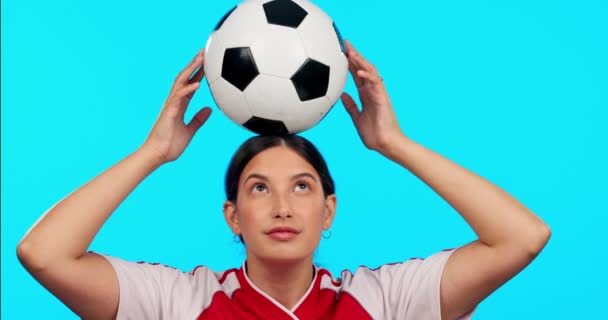 Sports Athlete Woman Soccer Ball Head Balance Exercise Training Studio — Stock Video