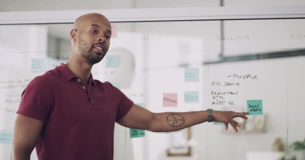 Adamı Koçluk Program Planlama Beyin Fırtınası Ofisteki Cam Panodaki Fikirler — Stok video