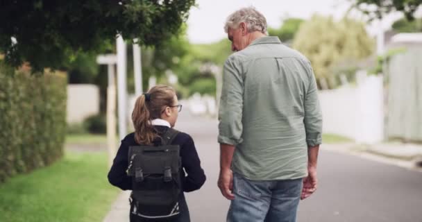 Zurück Fuß Zur Schule Und Ein Großelternteil Mit Seiner Enkelin — Stockvideo