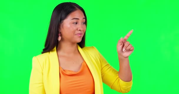 Pantalla Verde Cara Mujer Dedo Apuntando Estudio Con Línea Tiempo — Vídeos de Stock