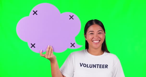 Bolha Fala Tela Verde Mulher Enfrentam Voluntário Estúdio Com Marcadores — Vídeo de Stock