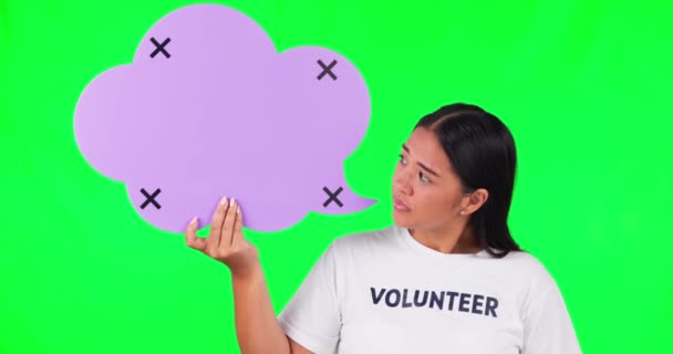 Бульбашка Мовлення Зелений Екран Волонтерська Невдача Від Жінки Обличчям Студії — стокове відео